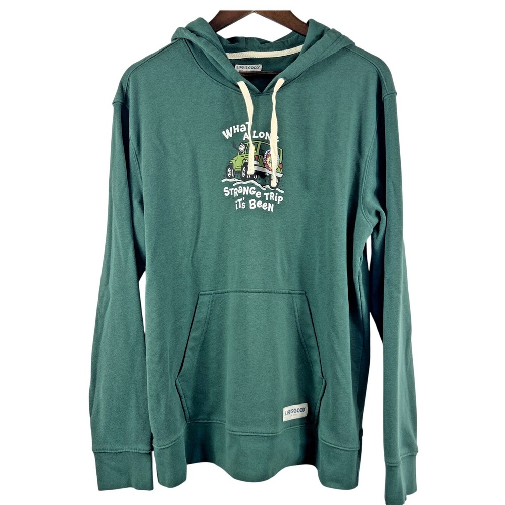 Life Is Good Green Hoodie Jeep "What A Long Strange Trip Its Been" Mens Sz Large